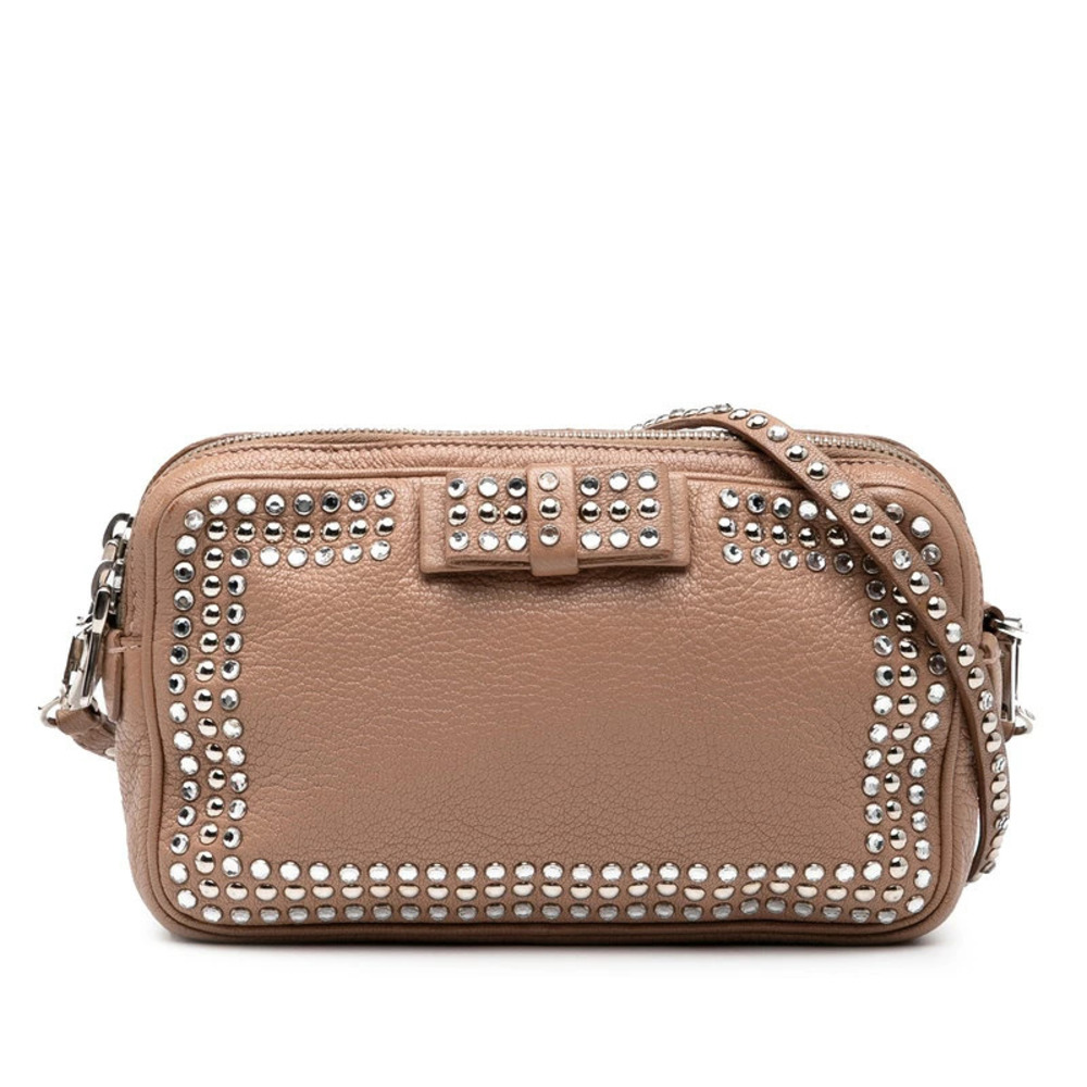 Miu Miu Ribbon Motif Shoulder Bag beige leather stud embellished leather bow